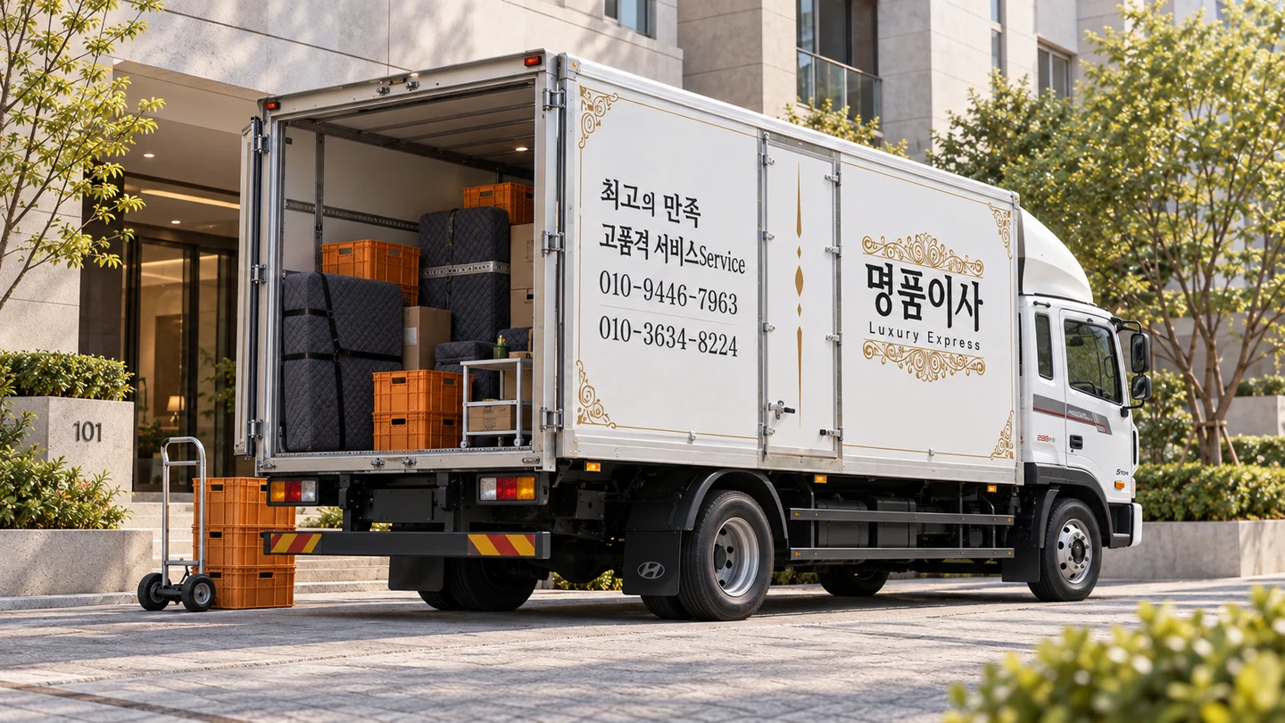 짐을 정돈해 실은 명품이사 차량의 출발 준비 모습