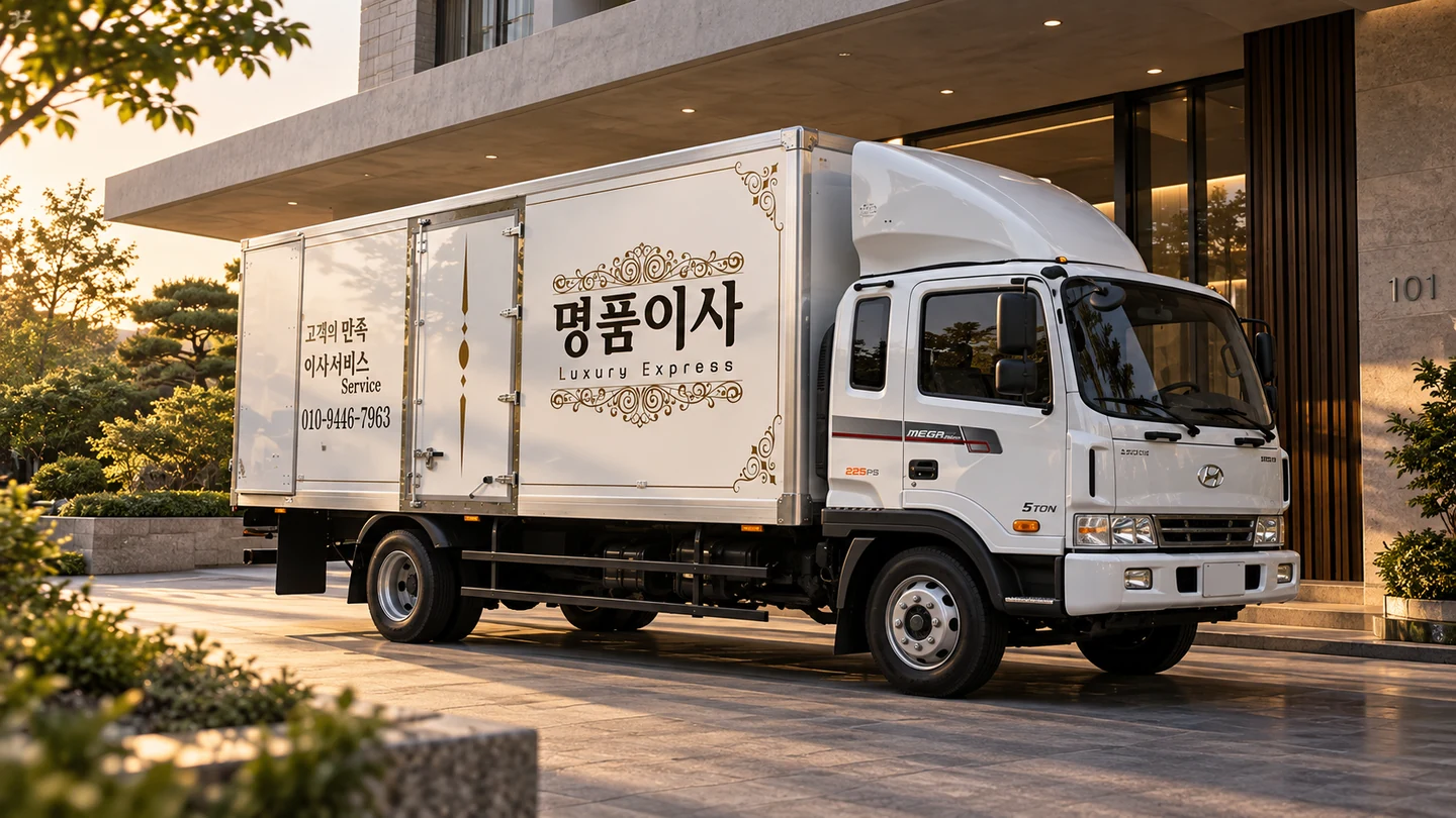 주거 공간 앞에 주차된 명품이사 차량